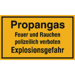 Hinweisschild zur Betriebskennzeichnung Propangas Feuer und Rauchen polizeilich verboten