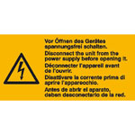 Warn-Kombischild auf Bogen Vor Öffnen des Gerätes spannungsfrei schalten/