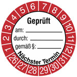 Prüfplaketten - geprüft am: durch: gemäß: weiß/rot/schwarz