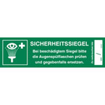 Sicherheitssiegel für Augenspülstation Text: Bei beschädigtem Siegel bitte die Augenspülflaschen prüfen