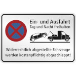 Hinweisschild für Gewerbe und Privat Ein- und Ausfahrt Tag und Nach freihalten Halteverbot - Gelb