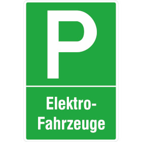 Parkplatzschild Symbol: P, Text:  Elektrofahrzeuge