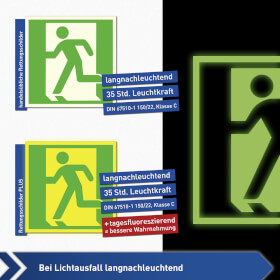 Fluchtwegschild PLUS - langnachleuchtend + tagesluoreszierend Notausgang rechts mit Zusatzzeichen: Richtungsangabe abwärts