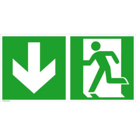 Fluchtwegschild - langnachleuchtend Notausgang links mit Zusatzzeichen:  Richtungsangabe abwrts