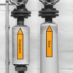 Rohrleitungskennzeichnung / Pfeilschild Gruppe 6 Suren (orange) in verschiedenen Versionen