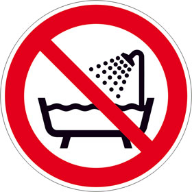 Verbotsschild Verbot dieses Gert in der Badewanne, Duschezu benutzen