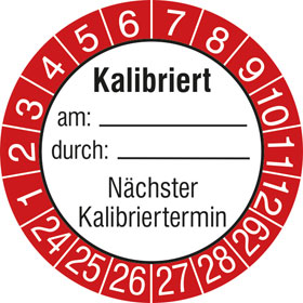 Prfplaketten - Kalibriert am:  durch:  Nchster Kalibriertermin,  wei / rot / schwarz