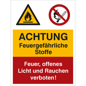 Warn - Verbots - Kombischild Achtung Feuergefhrliche Stoffe,  Feuer,  offenes Licht