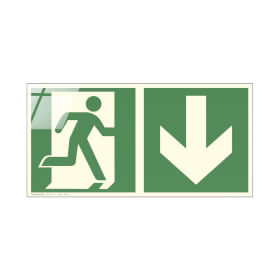 Fluchtwegschild Glas Serie - langnachleuchtend Notausgang rechts mit Zusatzzeichen:  Richtungsangabe abwärts