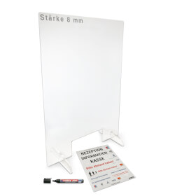 Mobile Acrylglasscheibe zum Schutz vor Infektionen im Verkaufsbereich mit 12, 0 x 30, 0 cm Durchreiche, 2 Aufstellfe