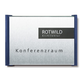 BOX Türschilder, blau Aluminiumrückplatte in Edelstahloptik, ABS - Kunststoffrahmen, 