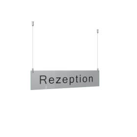 CRISTALLO Infoleiste als Deckenabhänger aus 2 x 5 mm Sicherheitsglas mit Stahlseil