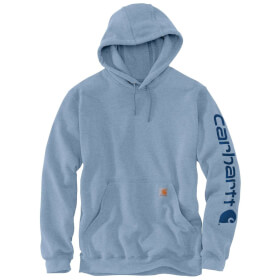 Carhartt Herren Logo Sleeve Graphic Kapuzenpullover hellblau mit Kapuze, Vordertasche, elastische Bndchen