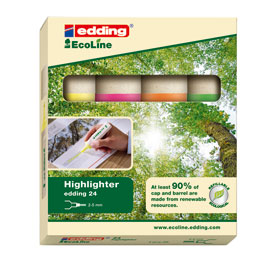 Edding 24 EcoLine Textmarker, Kartonageset a 4 Stck, leuchtkrftiges markieren und hervorheben, Tinte auf Wasserbasis,
