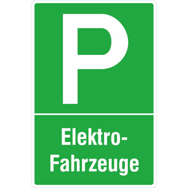 Parkplatzschild Symbol: P, Text: Elektrofahrzeuge